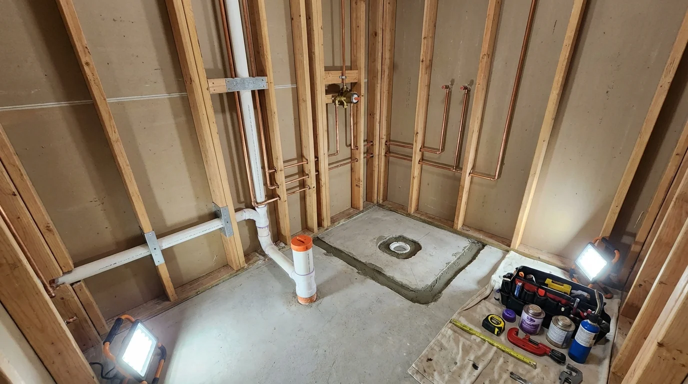 Bathroom rough-in plumbing during remodel by Johns Plumbing LLC in Salyersville