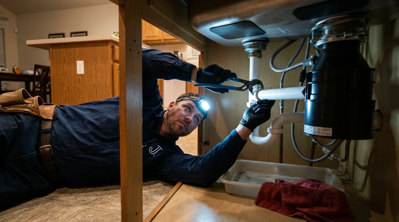 P-trap and supply line connections under a kitchen sink showing a common leak point in Salyersville, KY